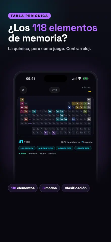 Captura de pantalla de la app: Tabla periódica