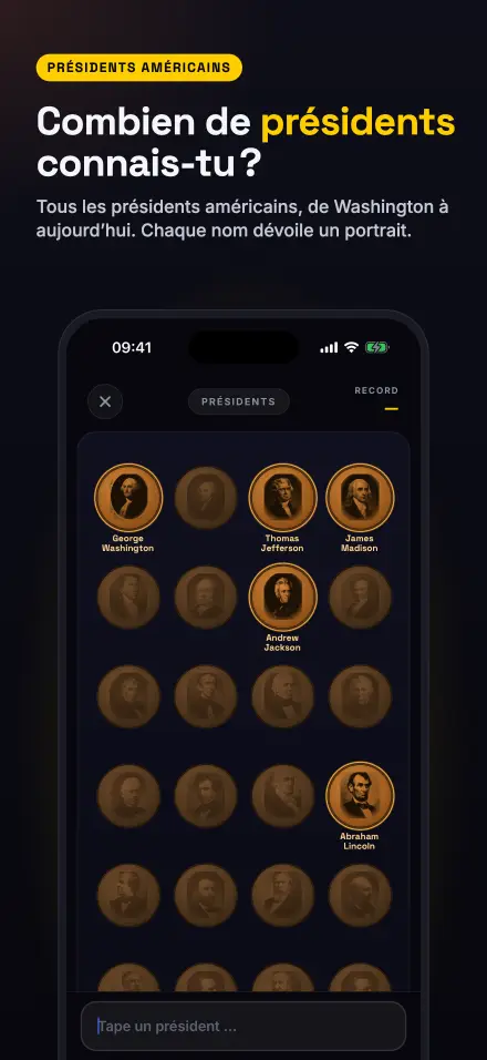 Capture d’écran de l’app : Présidents américains